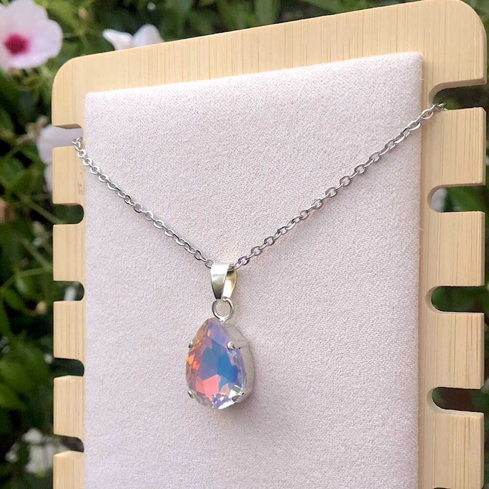 Gray Opal Aurora Borealis Iridescent Silver Pendant Drop Necklace - Picture 4 of 10